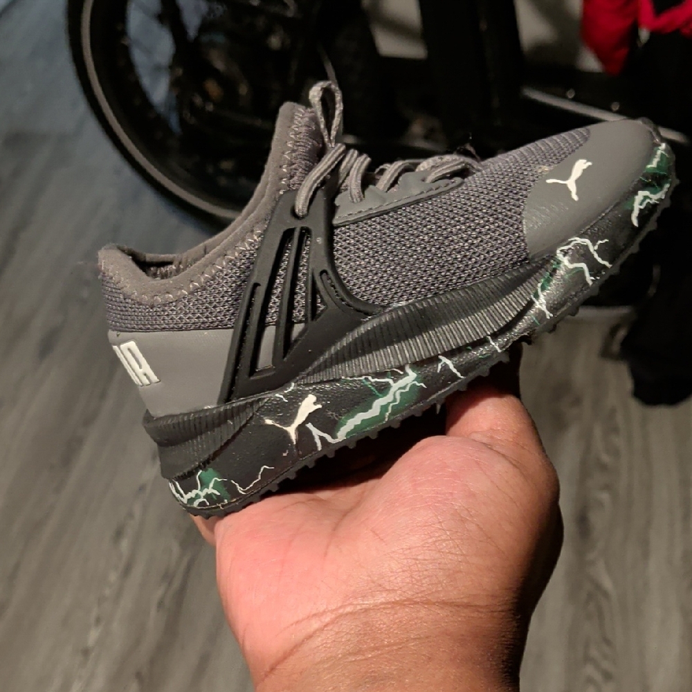 Puma Gray and Black Sneakers with Green Accents